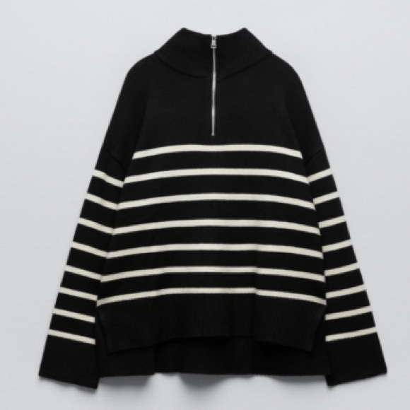 Zara Black and White Striped Half-Zip Knit Sweater - Picture 3 of 7